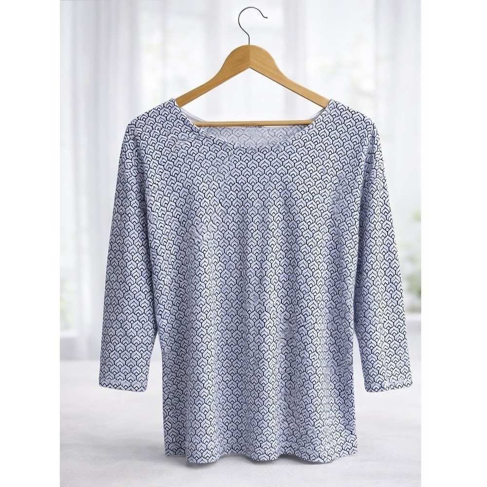 T By Talbots T-Shirt Tee Topβ Blue White Criss Cross Back Size Large Petite LP